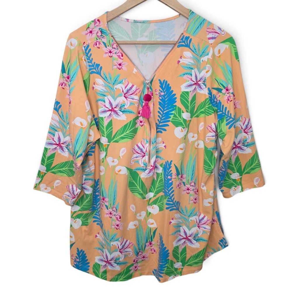 Belle by Kim Gravel Blouse XL Peach Tropical Floral Tassel Zipper 3/4 Sleeve Top